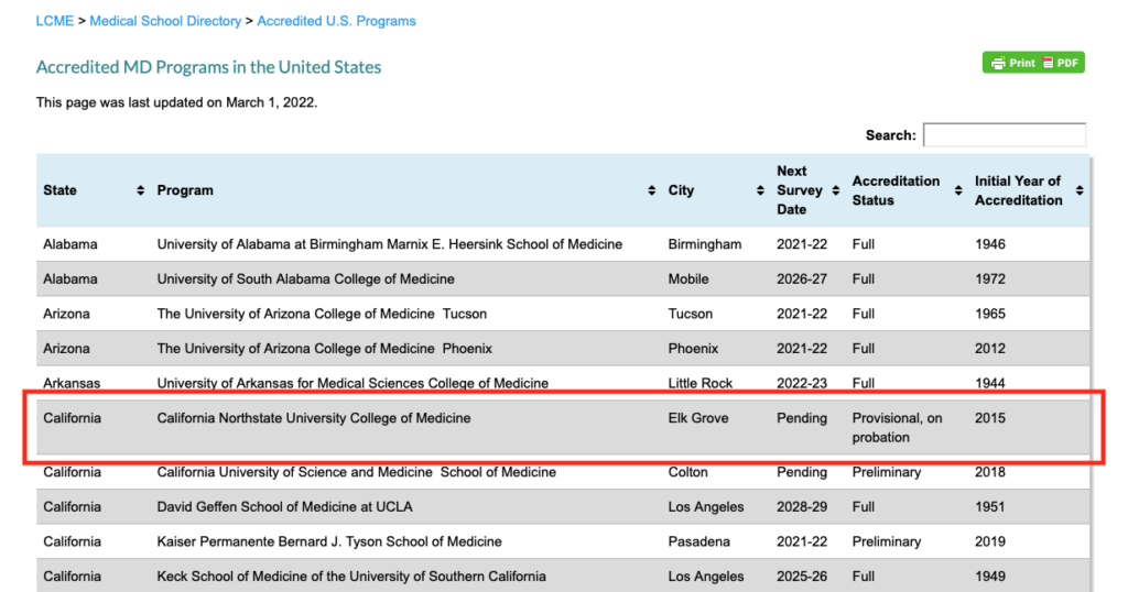 LCME screenshot highlighting CNUCOM accreditation status as "Provisional, on probation"