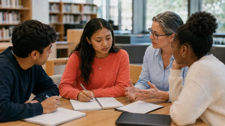 A prehealth student receiving guidance from an advisor and fellow students during a group discussion.